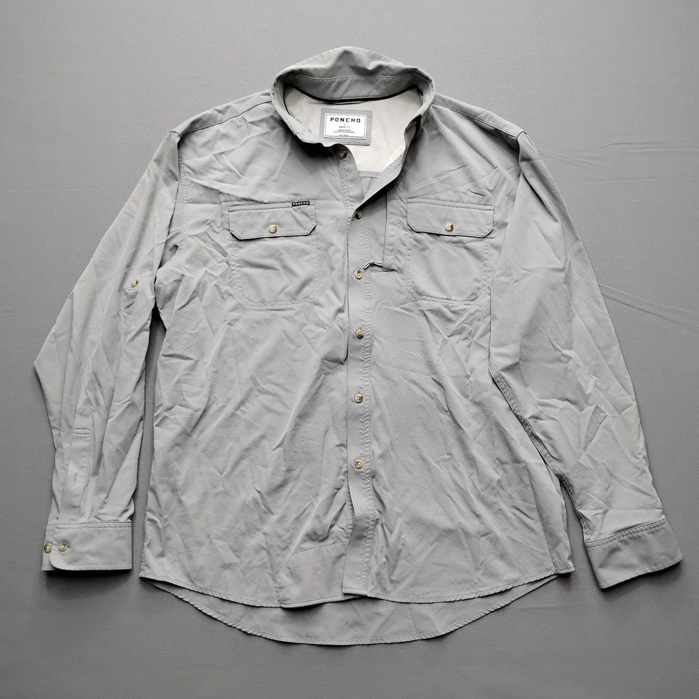 Poncho Outdoors Mens Long Sleeve Magnetic Button Shirt Gray Large Regular Fit
